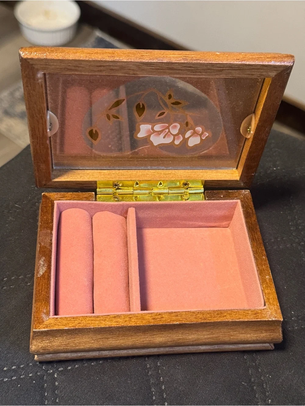 Vtg 90’s Wooden Jewelry Box with Pink Velvet Interior & Heart Glass Embossed Lid